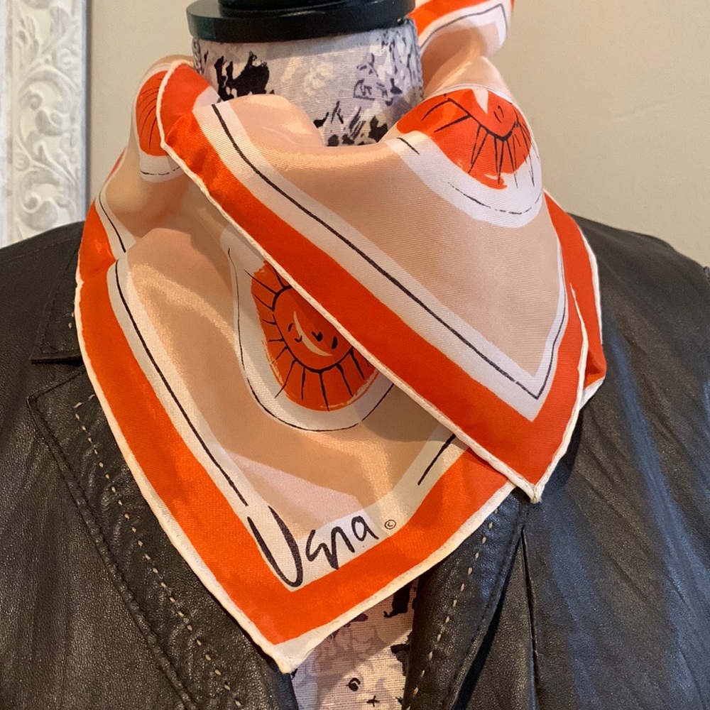 Vera Neumann Vintage Multi Suns Scarf Orange Tan White Black Made in Japan 26x26